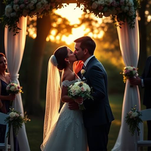 Fotografia de um casal de noivos se beijando durante a cerimônia de casamento ao ar livre