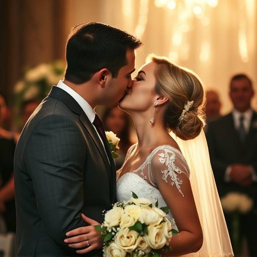 Fotografia de um casal se beijando durante a cerimônia de casamento