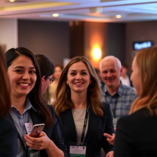 Fotografia de um grupo de pessoas em um evento corporativo, sorrindo e interagindo