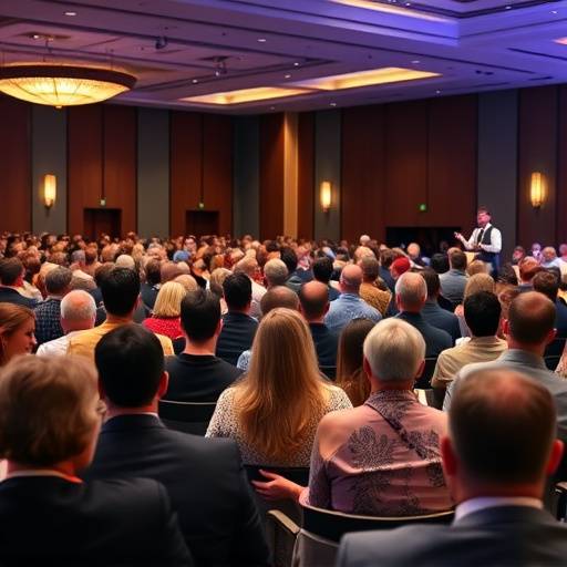 Fotografia de um grupo de pessoas participando de uma conferência, com o palestrante no palco
