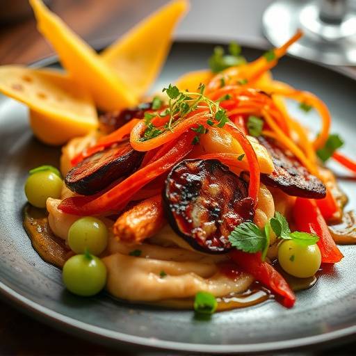 Fotografia de um prato de comida gourmet, com detalhes e cores vibrantes