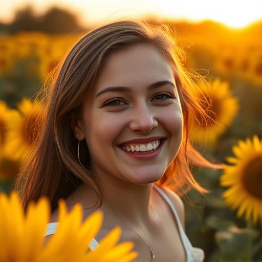 Retrato de uma jovem sorrindo em um campo de girassóis